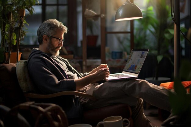 a man sits in a chair with a laptop and coffee mugs.