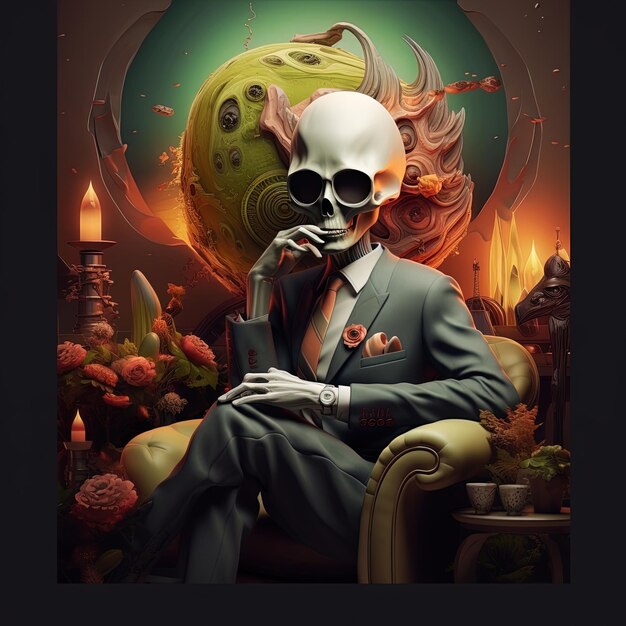 a man sits in a chair with a skull and a world in the background