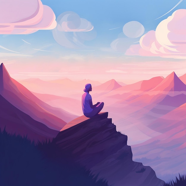 A man sits on a cliff looking at the mountains.