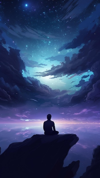 A man sits on a cliff looking at the sky with the words'the universe'on it