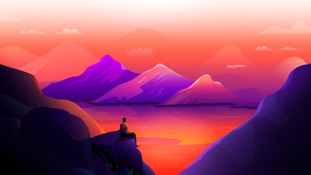 a man sits on a cliff overlooking a lake and mountains