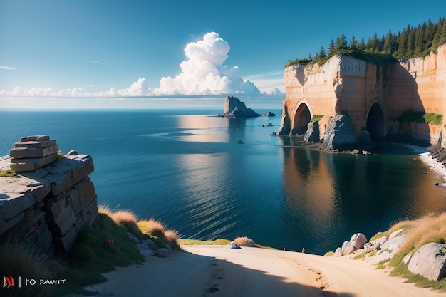 A man sits on a cliff overlooking the ocean and the ocean.