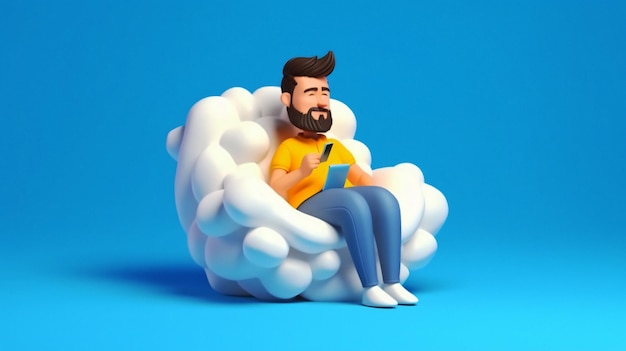 男は手に電話を持って雲の上に座っています。