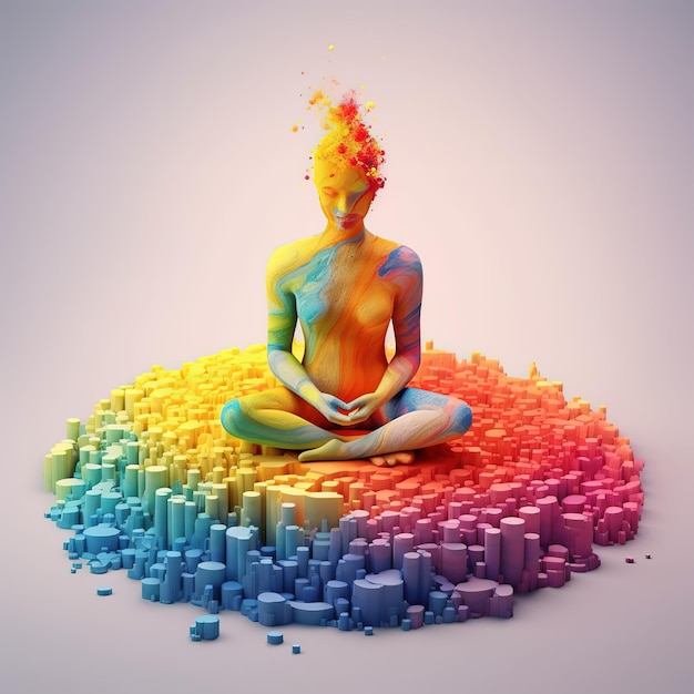 Photo a man sits on a colorful mound of cubes with the word mind on it.