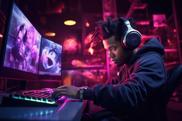 A man sits at a computer desk and plays games on a laptop