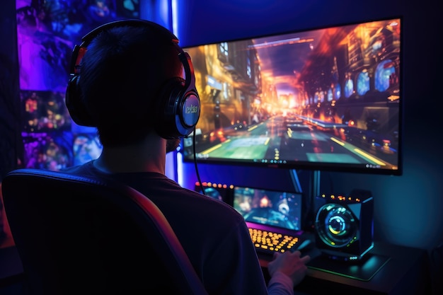 A man sits at a computer desk and plays games on a laptop