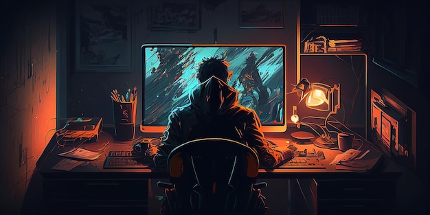 A man sits at a computer in front of a lit up computer screen.