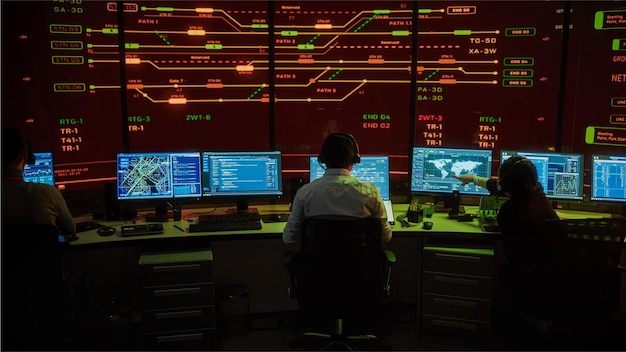 A man sits at a computer in front of a screen that says'cyber security '