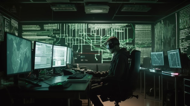 A man sits at a computer in front of a screen that says cyber security.