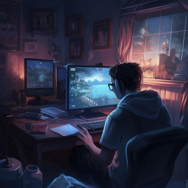 A man sits at a computer in front of a window with a painting of a man playing a game.