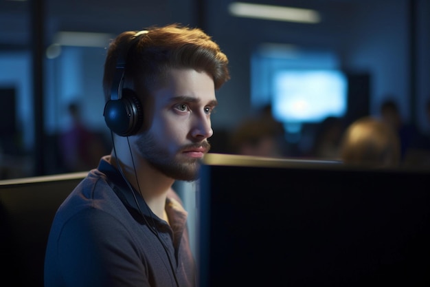 A man sits at a computer wearing headphones and looks at the screen.