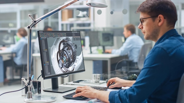 Photo a man sits at a computer with a computer screen that says'design'on it