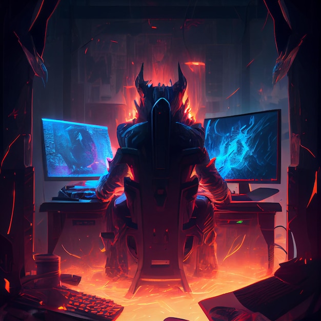 A man sits at a computer with a devilish design on his face.