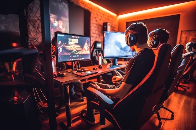 A man sits at a computer with a game on the screen.