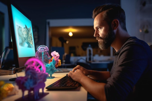 男性がコンピューターの前に座っており、モニターには「ドラゴンが描かれている」と表示されています。