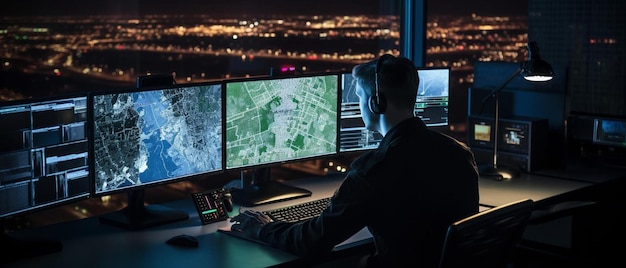Foto un uomo si siede davanti a un computer con una mappa della città sullo sfondo