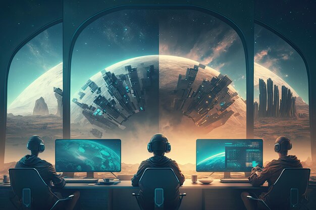 한 남자가 행성을 배경으로 컴퓨터 앞에 앉아 있습니다.