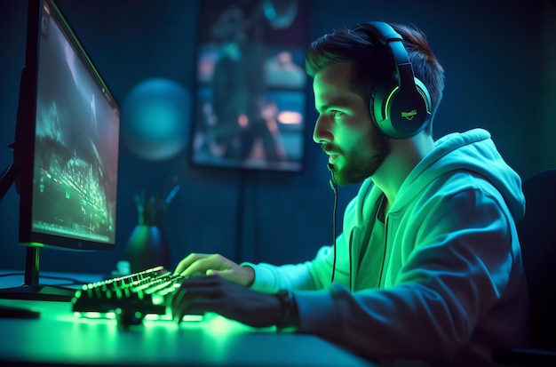 A man sits at a computer