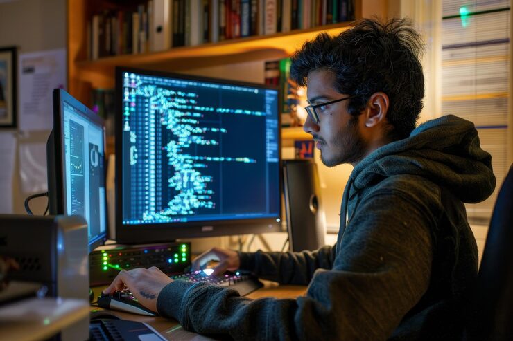 Photo a man sits concentrated in front of a computer monitor working on developing an encryption algorithm a young computer scientist developing encryption algorithms