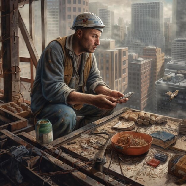 A man sits on a construction site looking at a bowl of food.