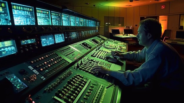 A man sits at a control room with a green light on the screen