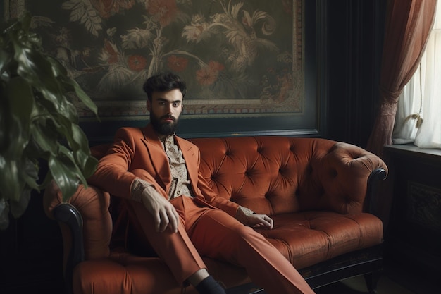 A man sits on a couch in a dark room with a painting behind him