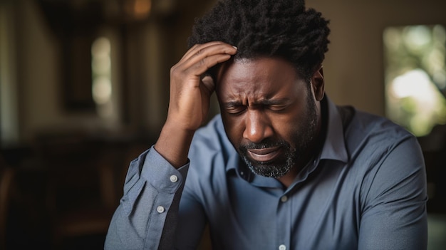 Photo man sits on the couch at home and suffers from a headache