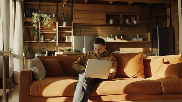 Photo a man sits on a couch in a modern living room working on his laptop he is wearing casual clothes and has a serious expression on his face