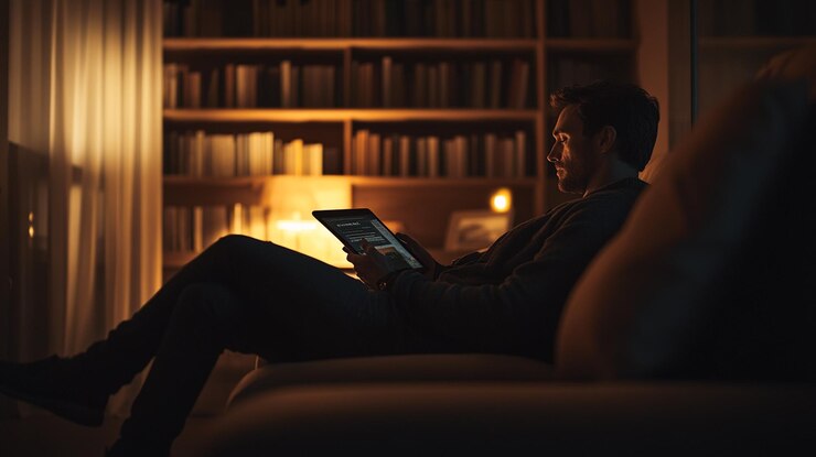 a man sits on a couch reading a book in front of a bookcase