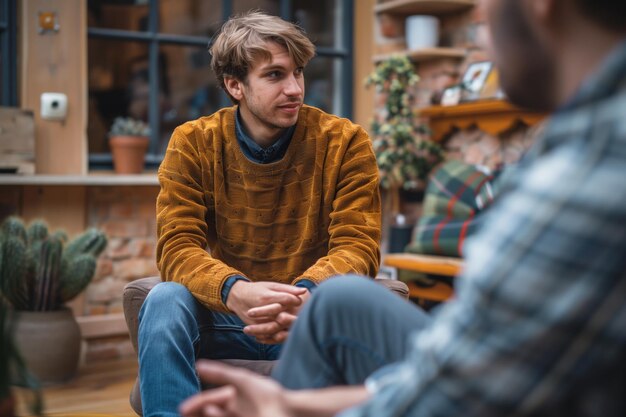 男性がソファに座って男性と話します