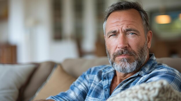 A man sits on a couch with his arms crossed