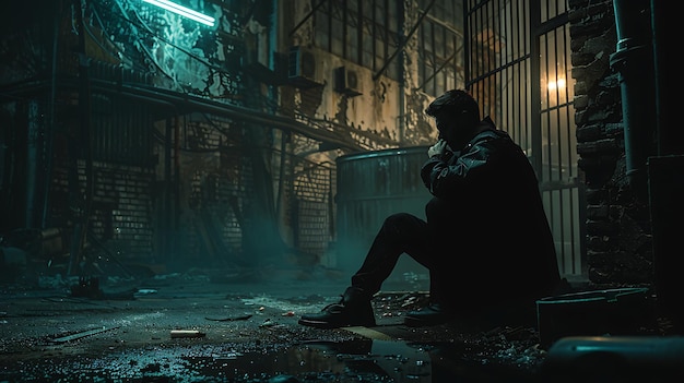 A man sits on a curb in a dark alleyway He is wearing a long black coat and a hat His face is hidden in the shadows He looks like he is in pain