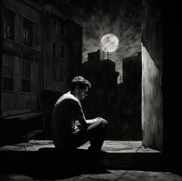 A man sits in a dark room with a full moon in the background