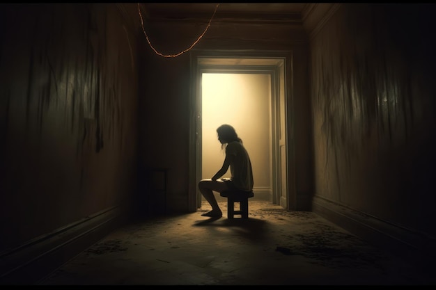 A man sits in a dark room with a light coming through the door.