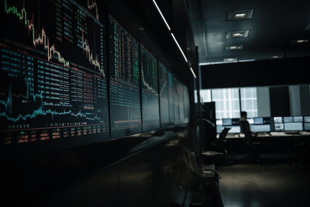 A man sits in a dark room with a screen that says'stock exchange'on it.