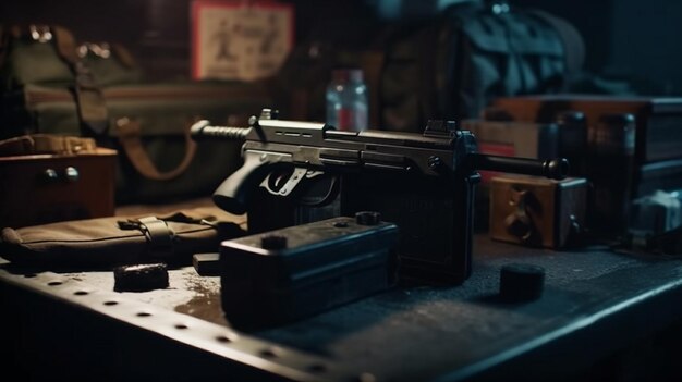 A man sits in a dark room with a sign that says'gun'on it