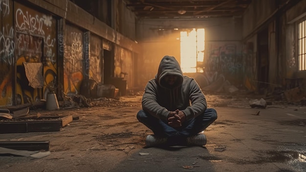 A man sits in a dark room with the sun shining through the window.