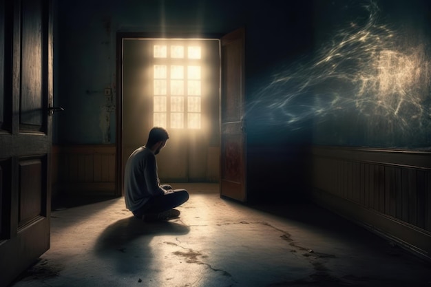 A man sits in a dark room with a window that has the word mind on it.