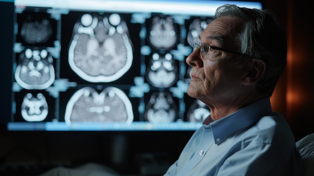 A man sits in a darkened room facing a large display screen as the radiologist explains the images