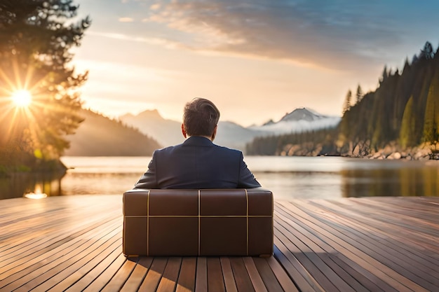 男は湖と山々を見渡すデッキに座っている。