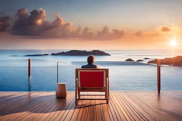 A man sits on a deck overlooking the ocean at sunset.