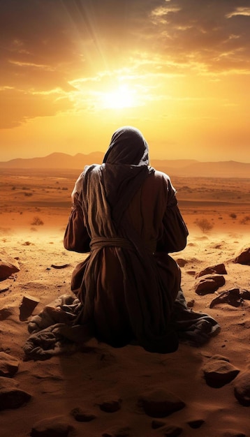 a man sits in the desert and watches the sun set.