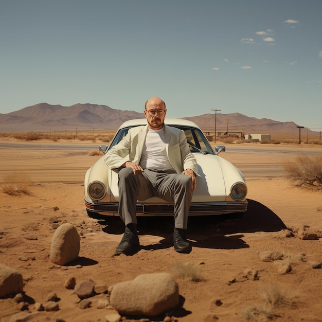 Premium AI Image A Man Sits In A Desert With A Car In The Background evil-woody-meme-generator