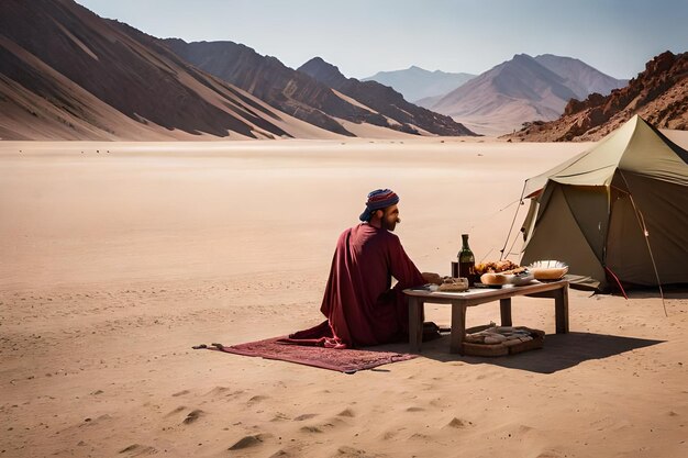 Photo a man sits in the desert with a table and a bottle of wine.