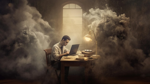 A man sits at a desk in a cloud of smoke and looks at a laptop.