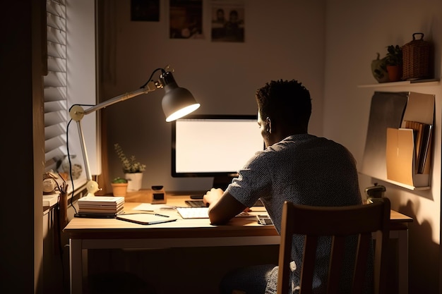 A man sits at a desk in a dark room, looking at a computer monitor that has a light on it.