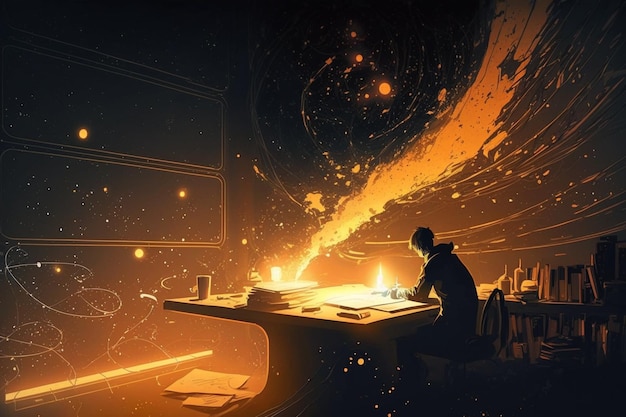 A man sits at a desk in a dark room with a fire and smoke coming out of it.