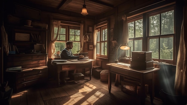 A man sits at a desk in a dark room with a lamp on the table.