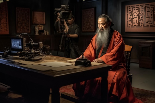A man sits at a desk in a dark room, with a large red robe that says'the year of the monkey '