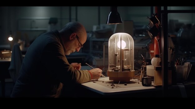 A man sits at a desk in a dark room, writing on a piece of paper.